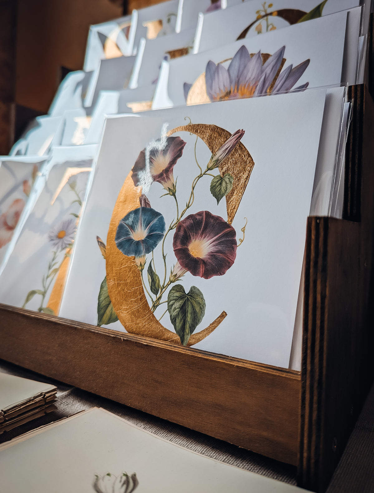 A wooden display rack holding printed botanical art cards, with the front card showing a large decorative letter 'C' filled with vintage-style Morning Glory flowers and leaves.