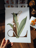 A hand holds a white art print featuring a botanical illustration of a lily of the valley flower integrated into a large decorative letter 'L' on a white background, set against a warm wooden table with dried flowers in the background.