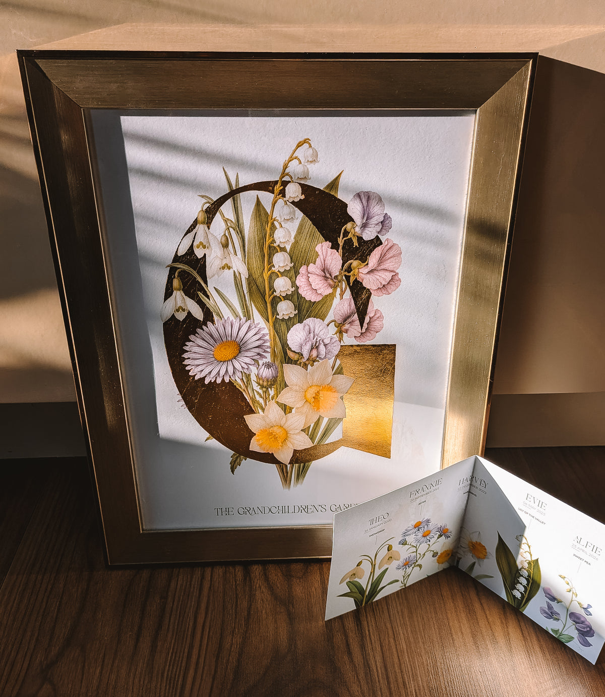 A framed botanical art print featuring a large decorative letter 'G' filled with illustrated flowers, shown leaning on a wooden floor with a small folded card placed beside it.